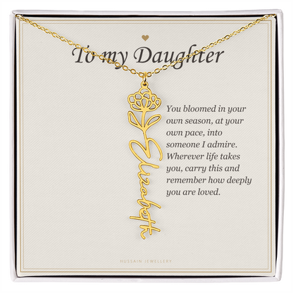 18k yellow gold finish birth flower name pendant on the To My Daughter message card | Daughter Birth Flower Name Necklace with Message Card
