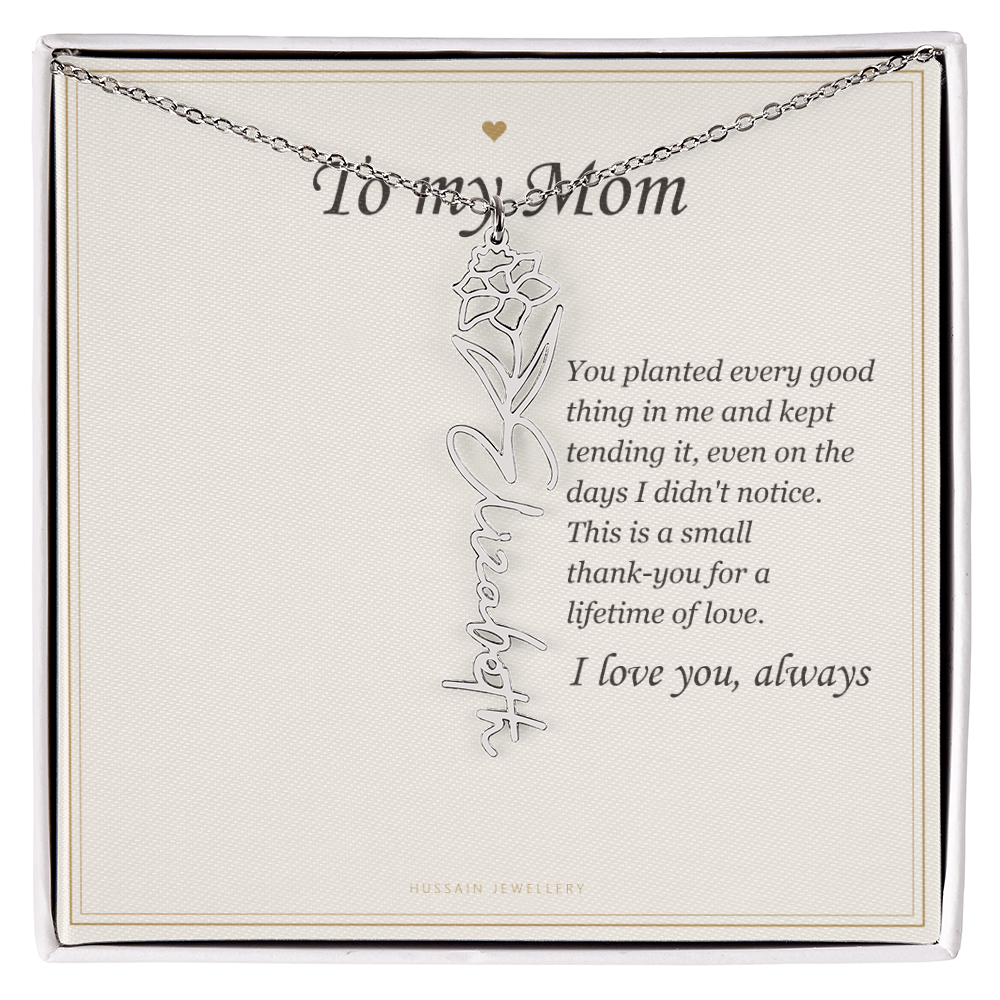 Polished stainless steel birth flower name pendant on the To My Mom message card | Mom Birth Flower Name Necklace with Message Card