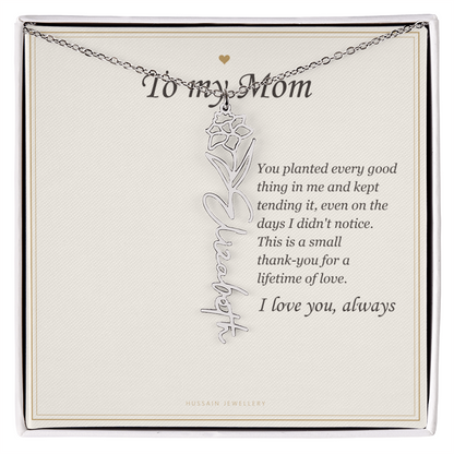 Polished stainless steel birth flower name pendant on the To My Mom message card | Mom Birth Flower Name Necklace with Message Card
