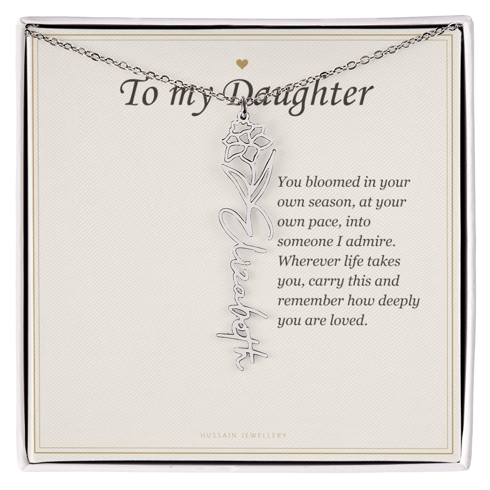 Polished stainless steel birth flower name pendant on the To My Daughter message card | Daughter Birth Flower Name Necklace with Message Card