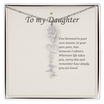 Polished stainless steel birth flower name pendant on the To My Daughter message card | Daughter Birth Flower Name Necklace with Message Card