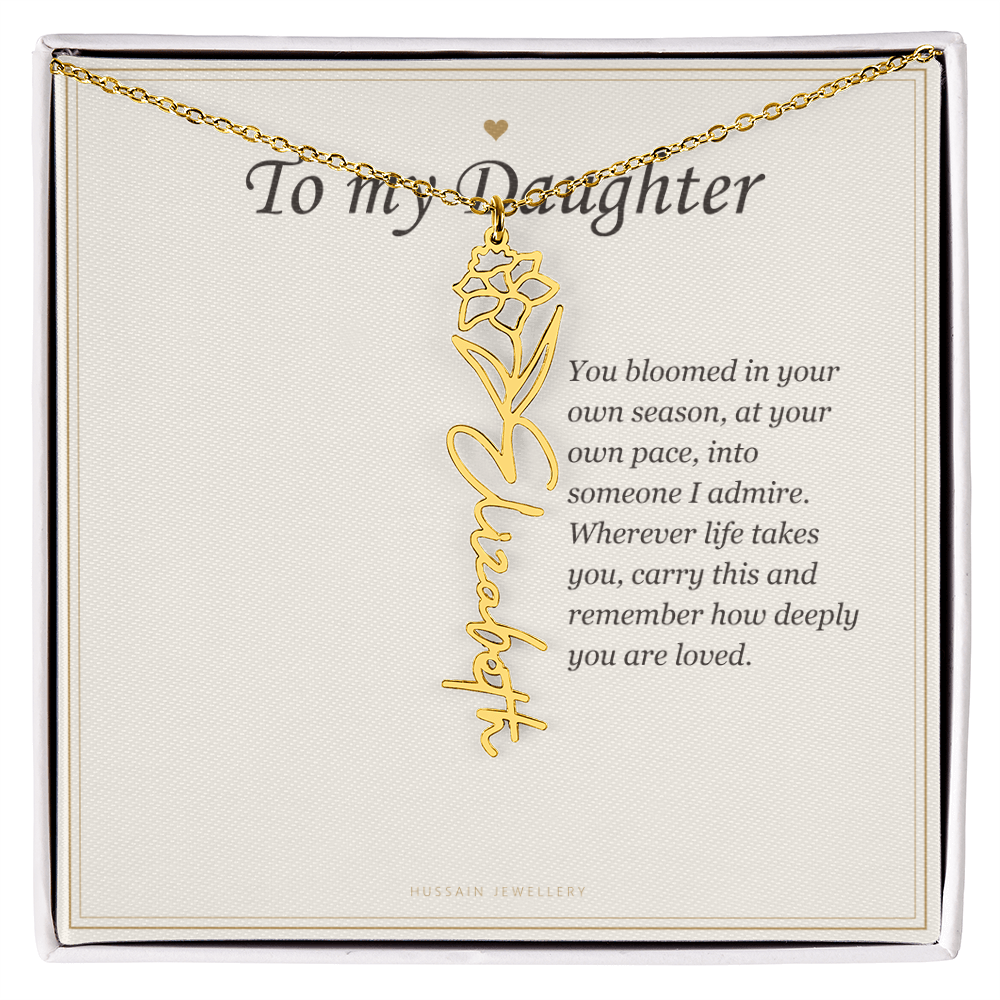 18k yellow gold finish birth flower name pendant on the To My Daughter message card | Daughter Birth Flower Name Necklace with Message Card