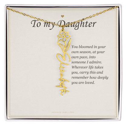 18k yellow gold finish birth flower name pendant on the To My Daughter message card | Daughter Birth Flower Name Necklace with Message Card