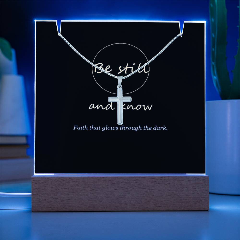 Keepsake light glowing blue | Be Still Keepsake Light & Cross Necklace