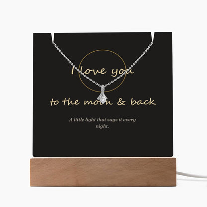 I love you to the moon and back acrylic keepsake light with necklace on a wood LED base, white background | To the Moon & Back Keepsake Light & Necklace