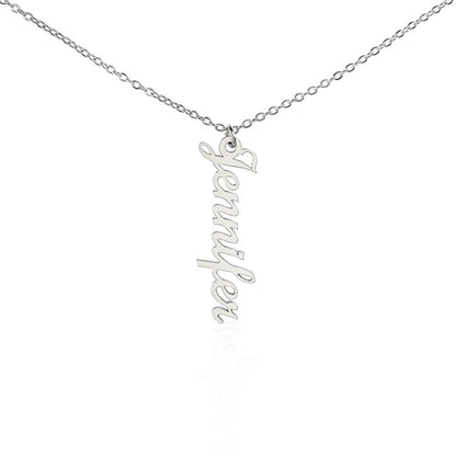 Silver single vertical name pendant on a white background | Stacked Vertical Names Necklace