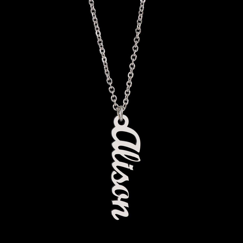 Silver vertical name pendant on black | Stacked Vertical Names Necklace