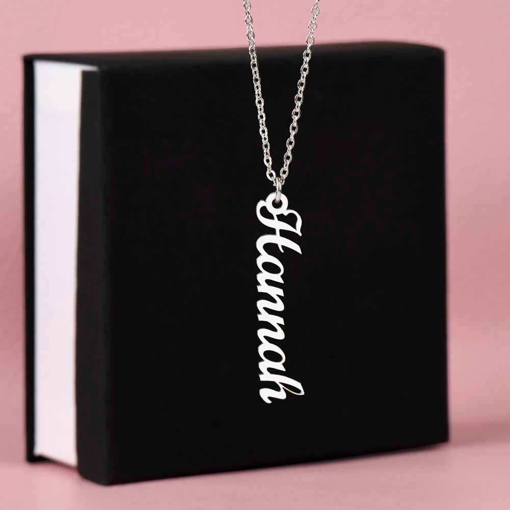 Silver vertical name pendant on a black gift box | Stacked Vertical Names Necklace