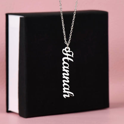 Silver vertical name pendant on a black gift box | Stacked Vertical Names Necklace