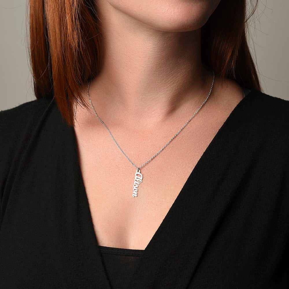 Silver vertical name necklace worn, close-up | Stacked Vertical Names Necklace