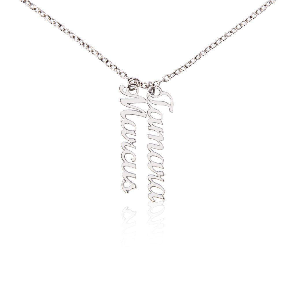 Two silver vertical name pendants on a white background | Stacked Vertical Names Necklace
