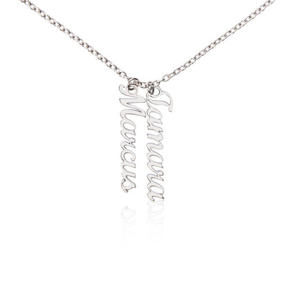 Two silver vertical name pendants on a white background | Stacked Vertical Names Necklace