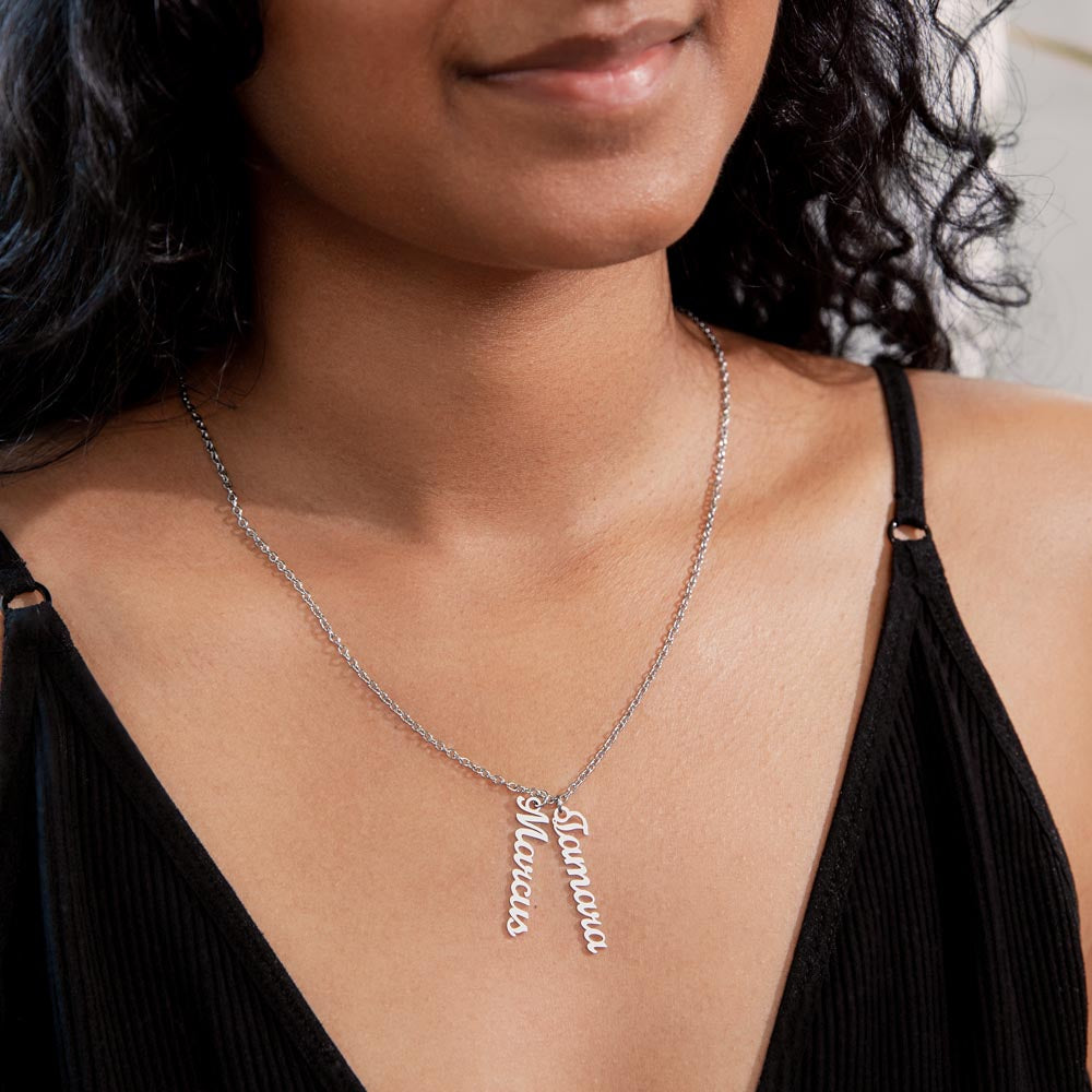 Two silver vertical names worn | Stacked Vertical Names Necklace