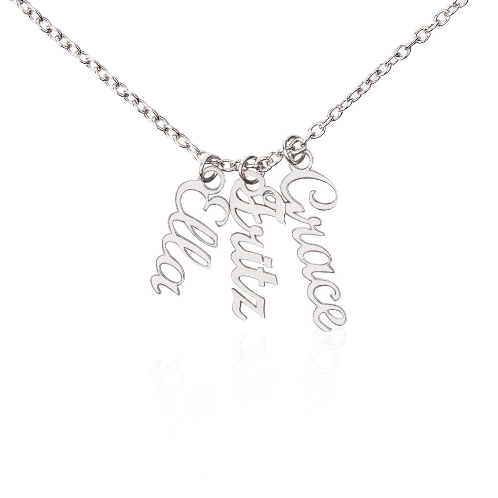 Three silver vertical name pendants on a white background | Stacked Vertical Names Necklace