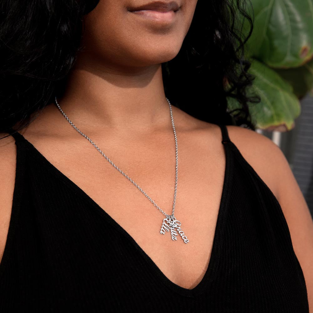Three silver vertical names worn | Stacked Vertical Names Necklace