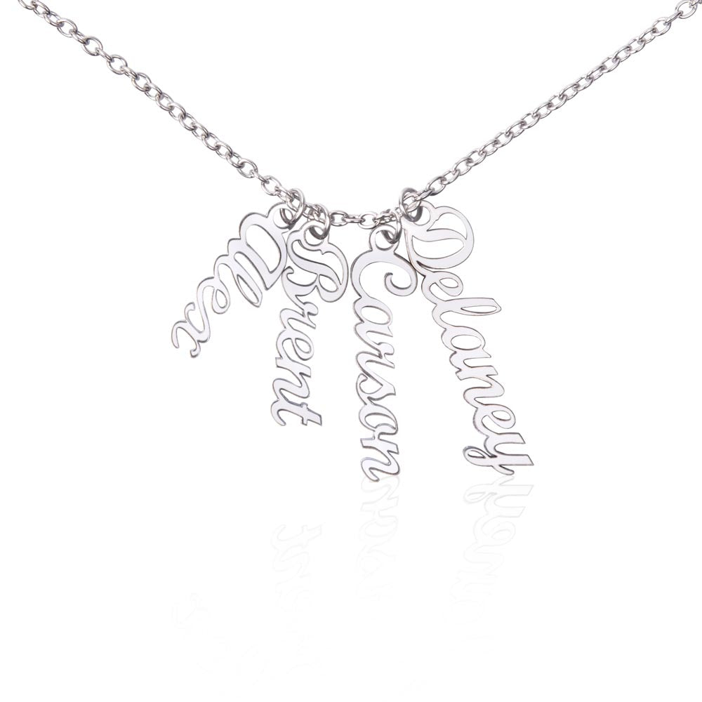 Four silver vertical name pendants on a white background | Stacked Vertical Names Necklace