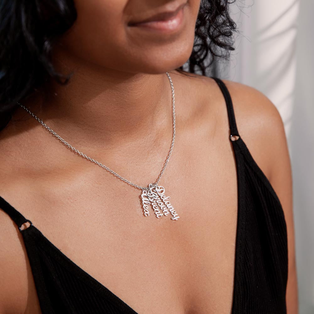 Four silver vertical names worn | Stacked Vertical Names Necklace