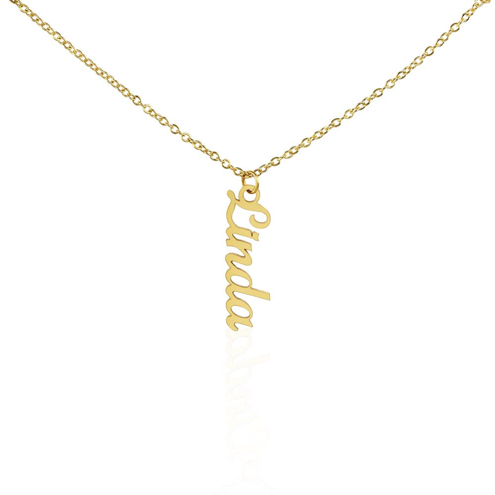Gold finish single vertical name pendant on a white background | Stacked Vertical Names Necklace
