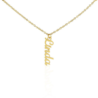 Gold finish single vertical name pendant on a white background | Stacked Vertical Names Necklace