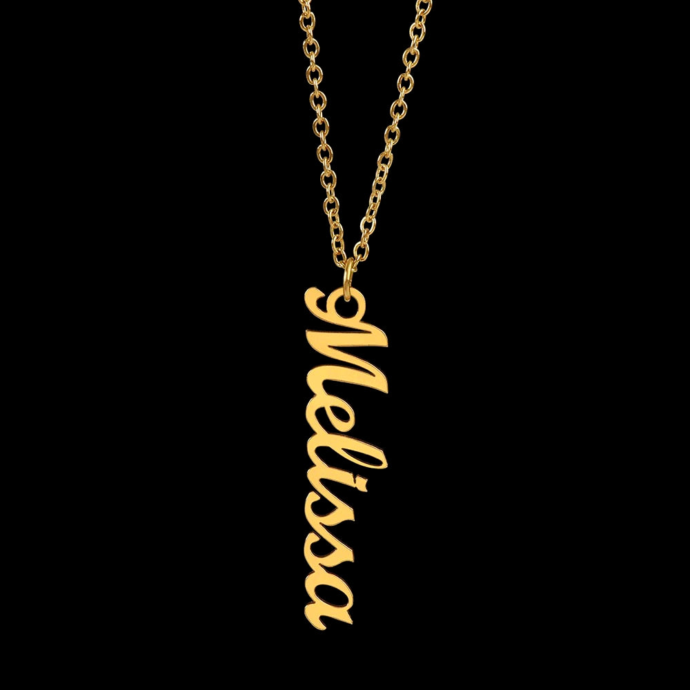 Gold finish vertical name pendant on black | Stacked Vertical Names Necklace