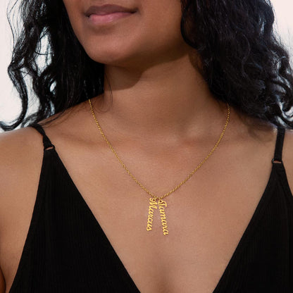 Two gold finish vertical names worn | Stacked Vertical Names Necklace