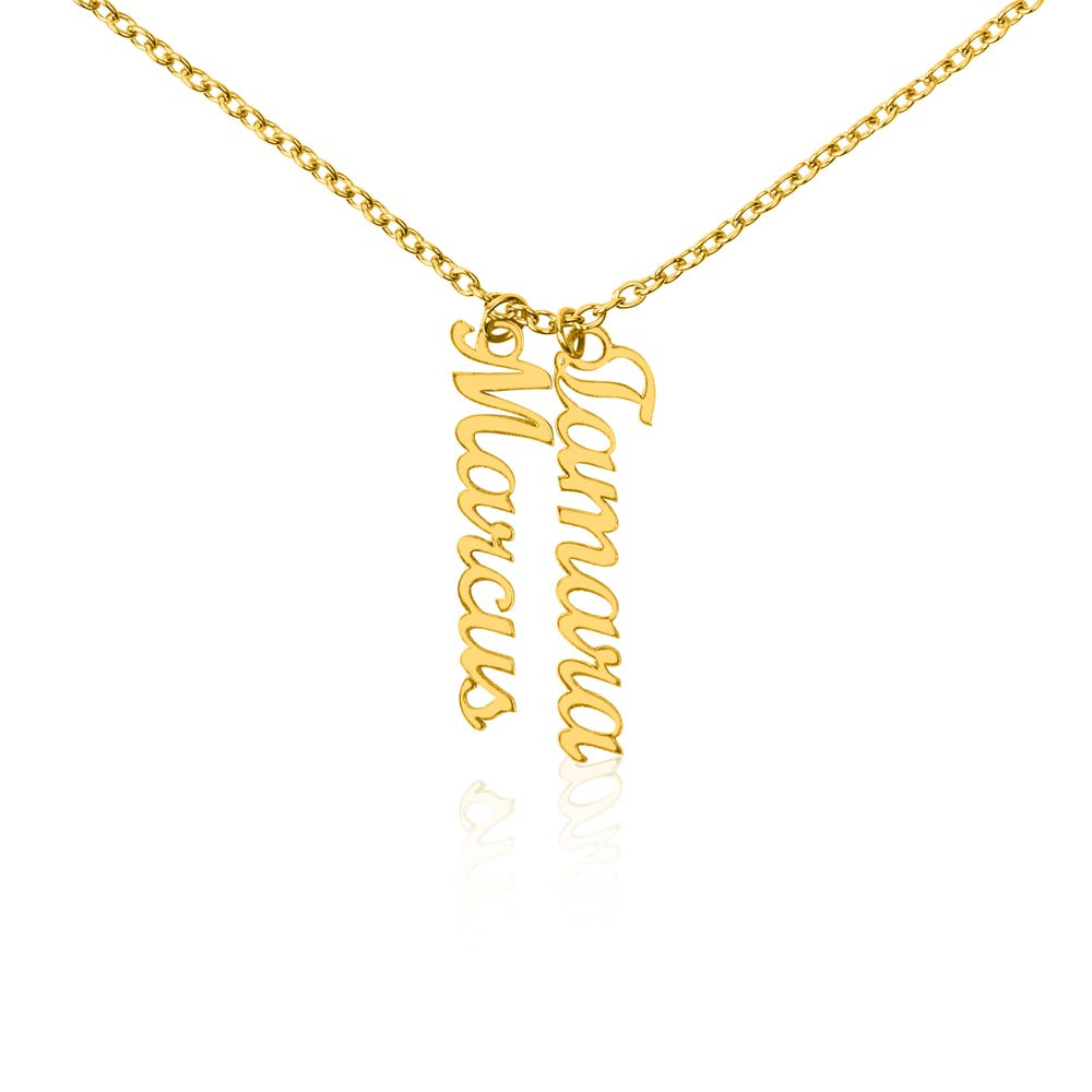 Two gold finish vertical name pendants on a white background | Stacked Vertical Names Necklace