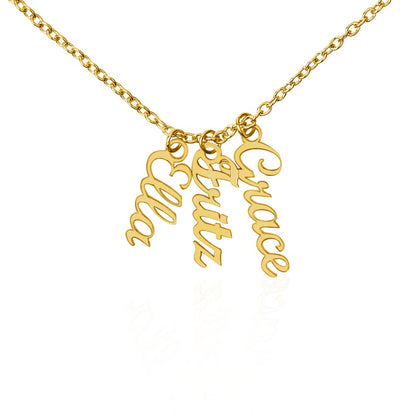 Three gold finish vertical name pendants on a white background | Stacked Vertical Names Necklace