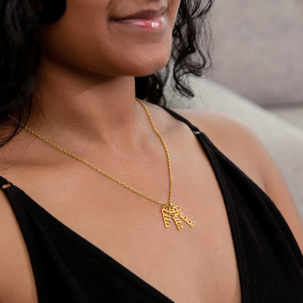Three gold finish vertical names worn | Stacked Vertical Names Necklace