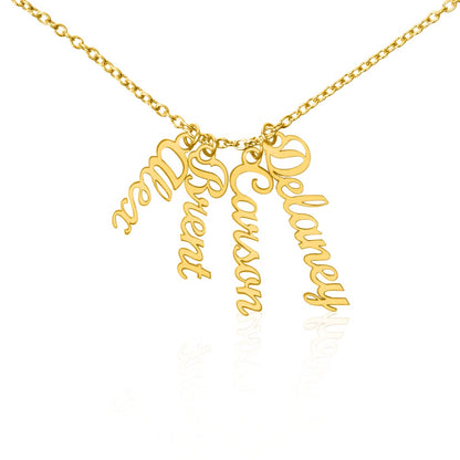 Four gold finish vertical name pendants on a white background | Stacked Vertical Names Necklace