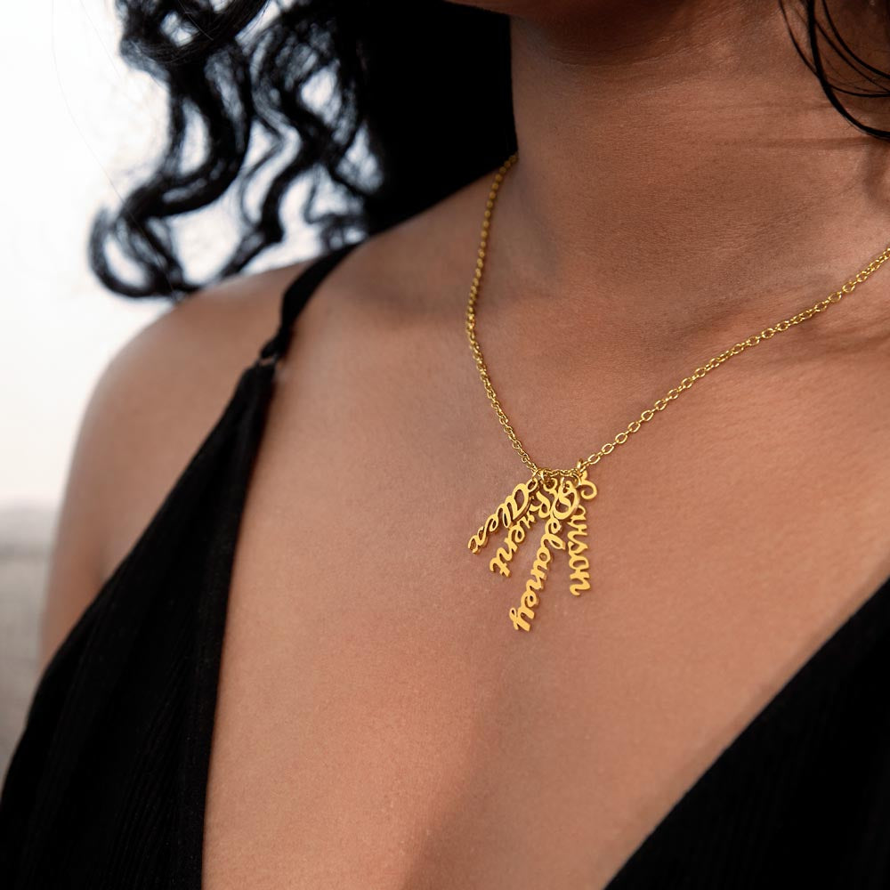 Four gold finish vertical names worn | Stacked Vertical Names Necklace