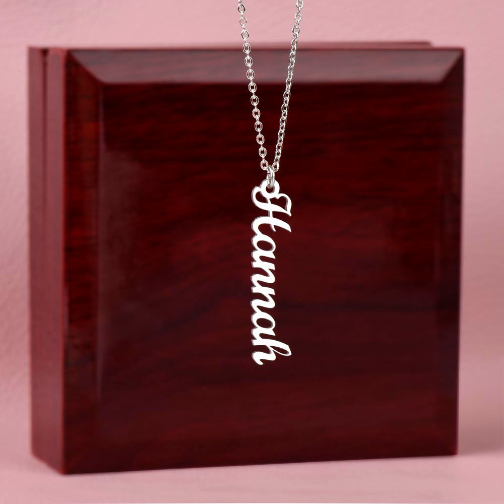 Silver vertical name pendant on a mahogany gift box | Stacked Vertical Names Necklace