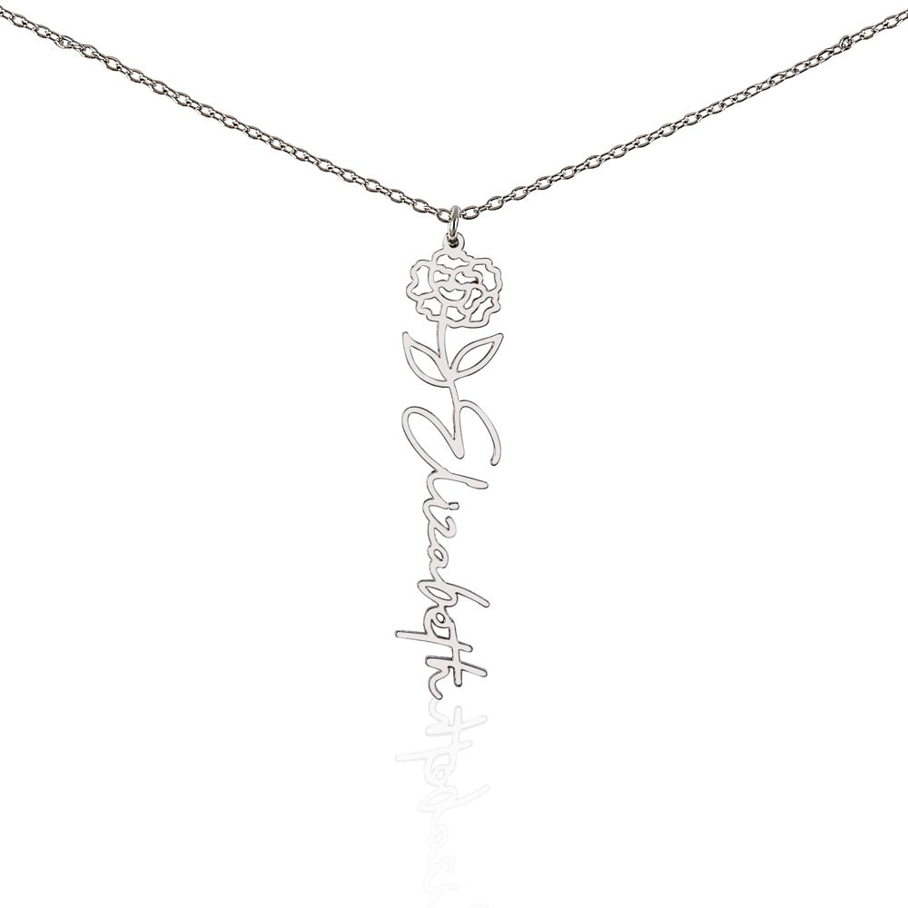 Flower Name Necklace in polished silver and 18k gold finish on white background, personalized jewelry by HussainTraders