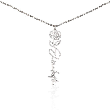 Silver birth flower name pendant on a white background, one of the 12 month flowers | Flower Name Necklace