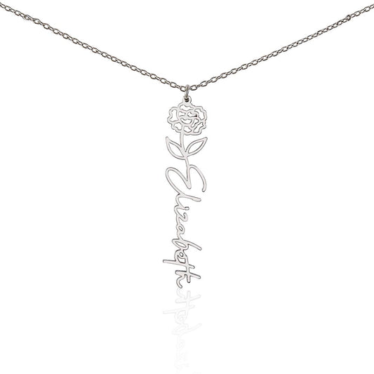 Flower Name Necklace in polished silver and 18k gold finish on white background, personalized jewelry by HussainTraders