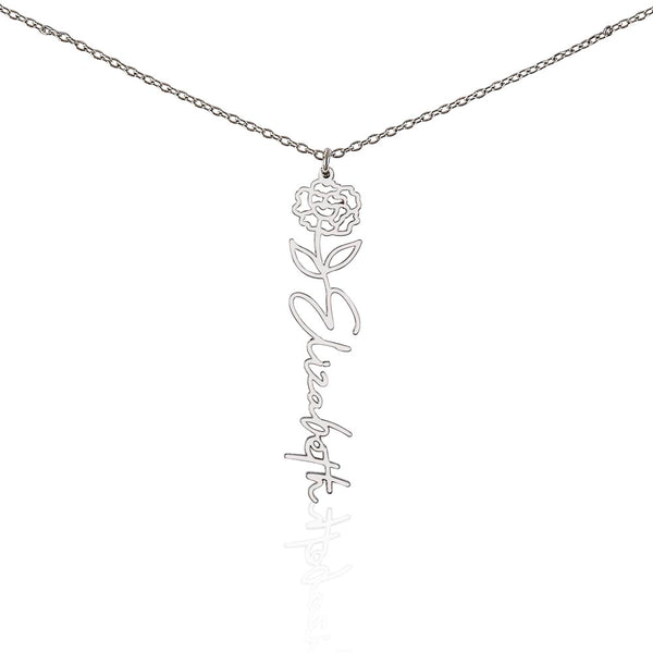 Flower Name Necklace in polished silver and 18k gold finish on white background, personalized jewelry by HussainTraders