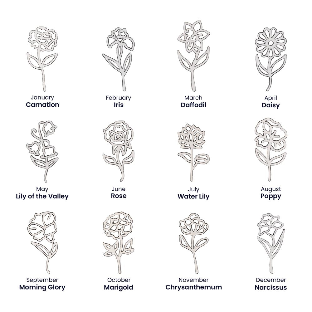 Chart of the 12 birth flowers by month, silver | Flower Name Necklace
