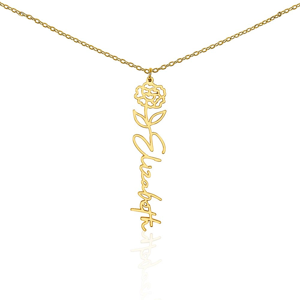 Gold finish birth flower name pendant on a white background, one of the 12 month flowers | Flower Name Necklace