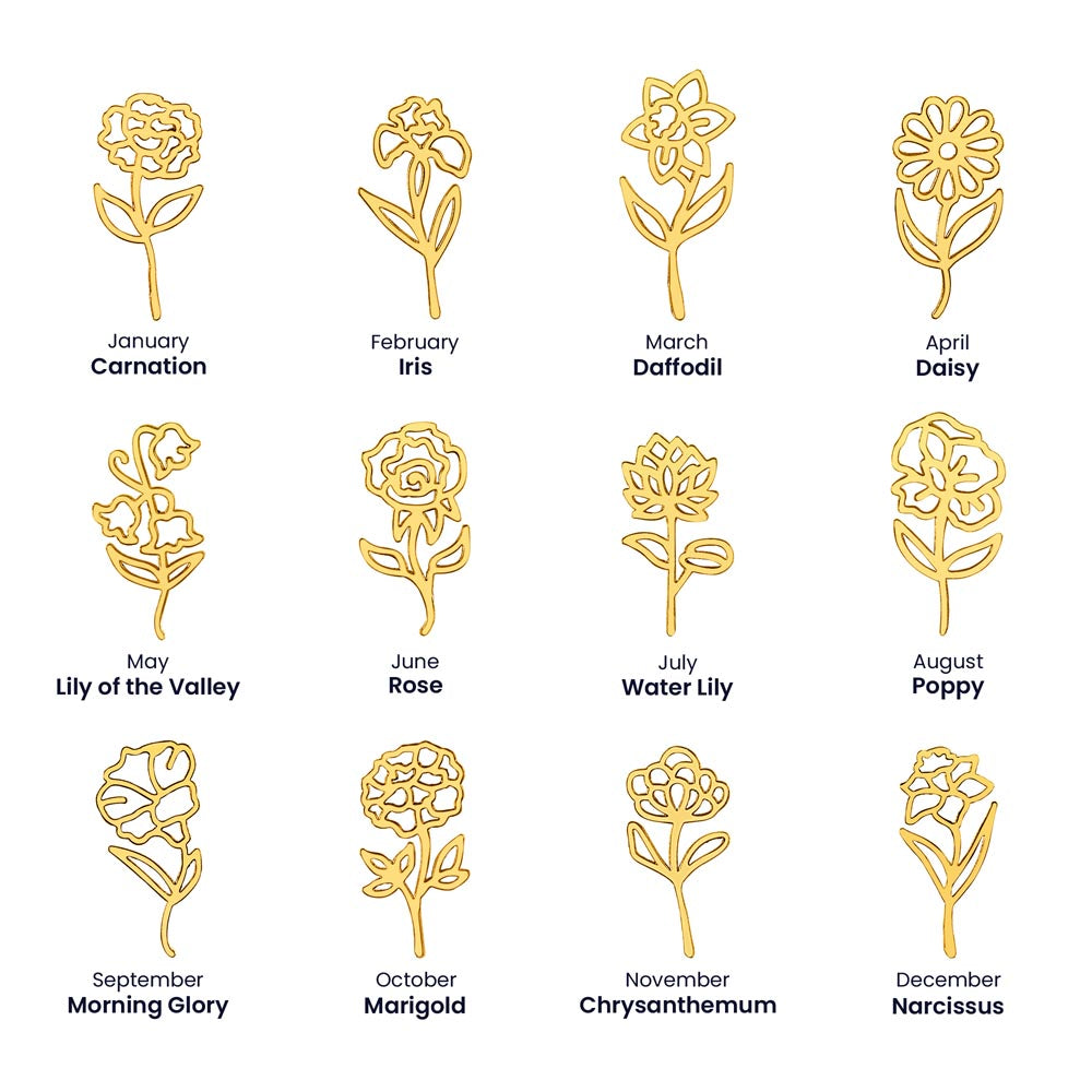 Chart of the 12 birth flowers by month, gold finish | Flower Name Necklace