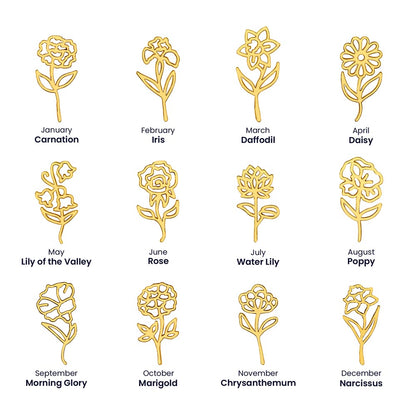 Chart of the 12 birth flowers by month, gold finish | Flower Name Necklace