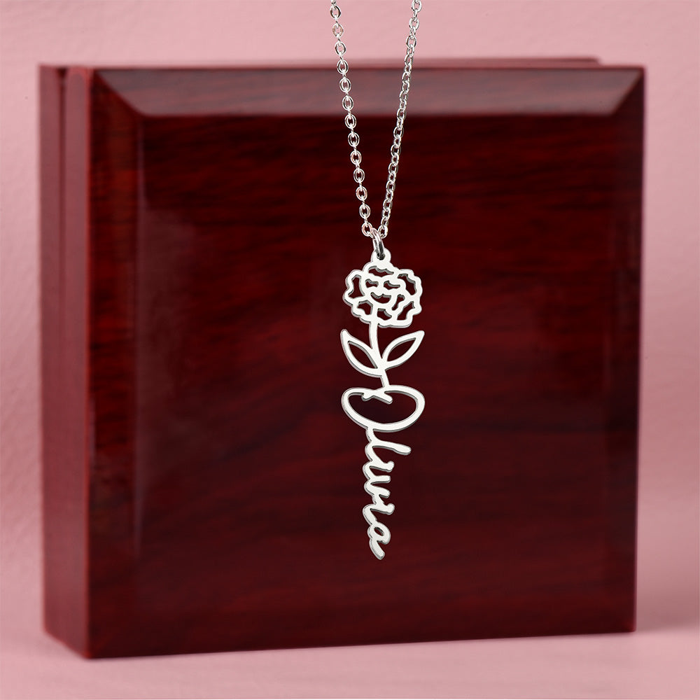 Silver birth flower name pendant on a mahogany gift box | Flower Name Necklace