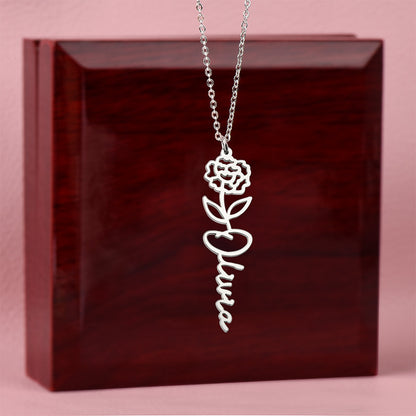 Silver birth flower name pendant on a mahogany gift box | Flower Name Necklace