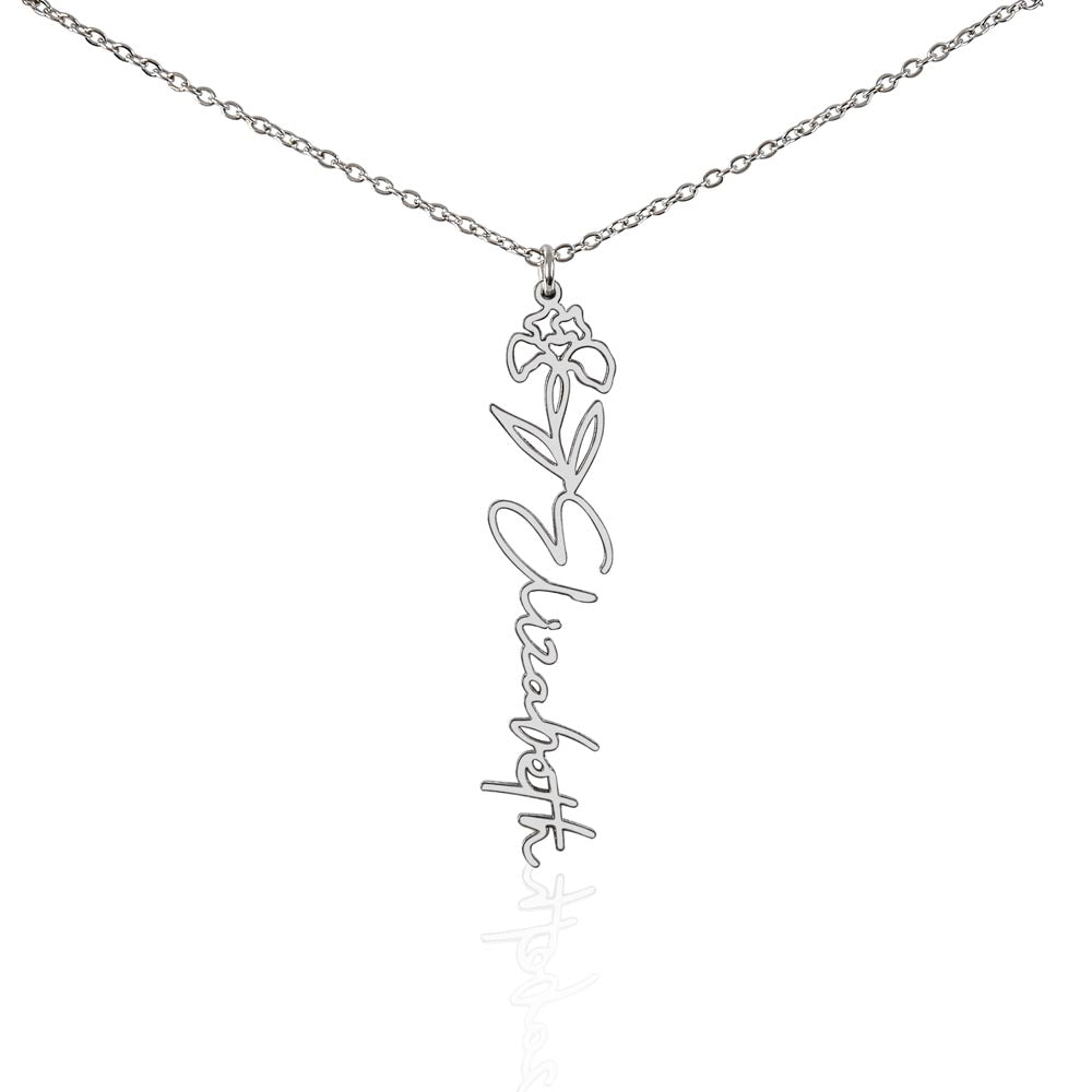 Silver birth flower name pendant on a white background, one of the 12 month flowers | Flower Name Necklace