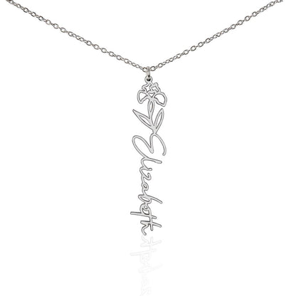 Silver birth flower name pendant on a white background, one of the 12 month flowers | Flower Name Necklace