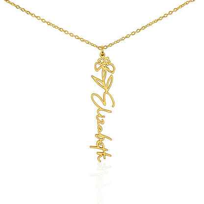 Gold finish birth flower name pendant on a white background, one of the 12 month flowers | Flower Name Necklace