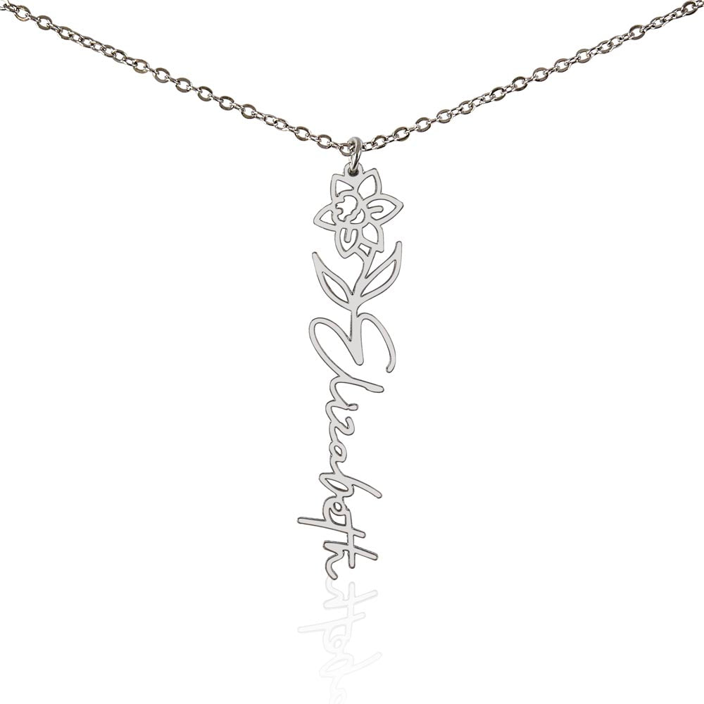 Silver birth flower name pendant on a white background, one of the 12 month flowers | Flower Name Necklace