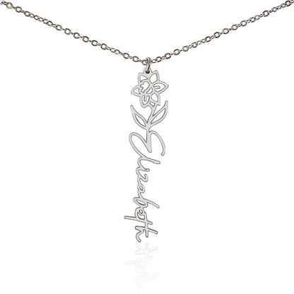 Silver birth flower name pendant on a white background, one of the 12 month flowers | Flower Name Necklace