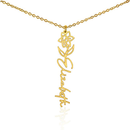 Gold finish birth flower name pendant on a white background, one of the 12 month flowers | Flower Name Necklace