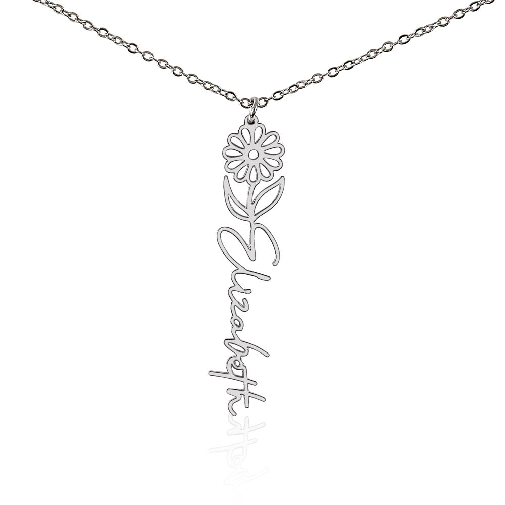 Silver birth flower name pendant on a white background, one of the 12 month flowers | Flower Name Necklace
