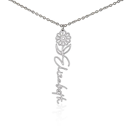 Silver birth flower name pendant on a white background, one of the 12 month flowers | Flower Name Necklace