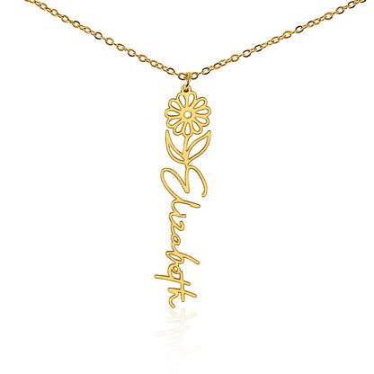 Gold finish birth flower name pendant on a white background, one of the 12 month flowers | Flower Name Necklace